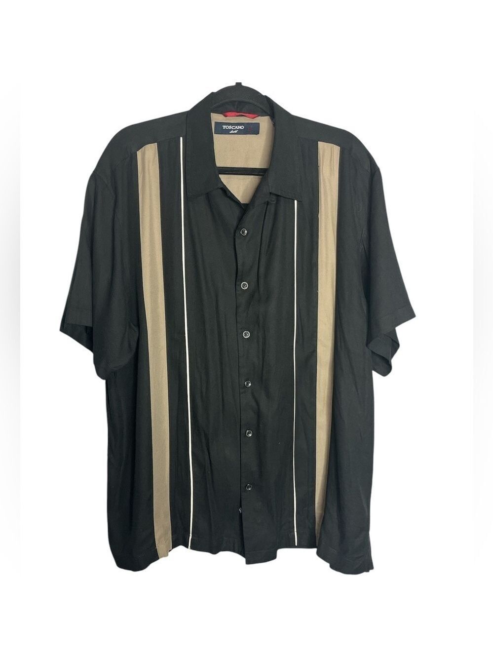 Toscano 90s Black & Tan Stripe Silk Blend Button Up Short Sleeve Shirt, XL